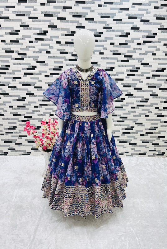 Blue & Multi Coloured Heavy Faux Georgette with Digital Print Embroidered & Sequence Work Girls Kids Designer Ethnic wear Lehenga with Blouse!!