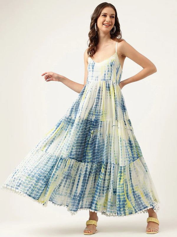 Blue & Off White Coloured Tie & Dyed Shoulder Straps Sleeveless with Pom-Pom Women Party/Daily wear Western Maxi dress!!