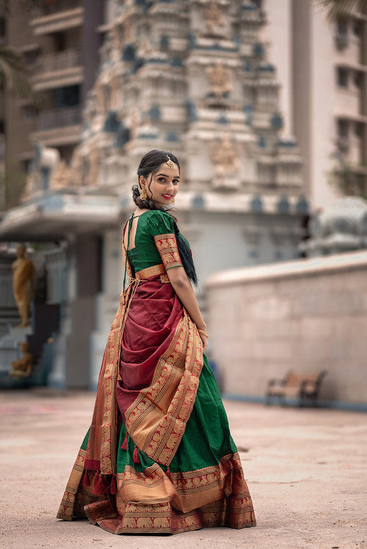 Green & Multi Coloured Narayan pet (Cotton) with Zari Weaving Work Women Ethnic Party wear Lehenga choli ( Half Saree) with Dupatta & Belt!!