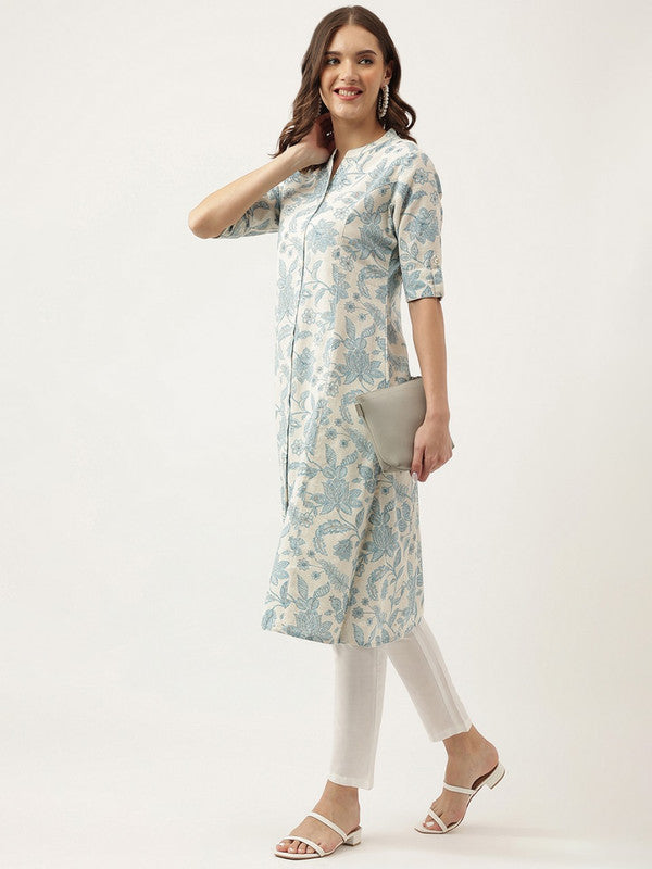 Beige & Turquoise Blue Coloured Pure Cotton with Floral printed, Mandarin collar Women Designer Party/Casual wear A- line Kurta!!