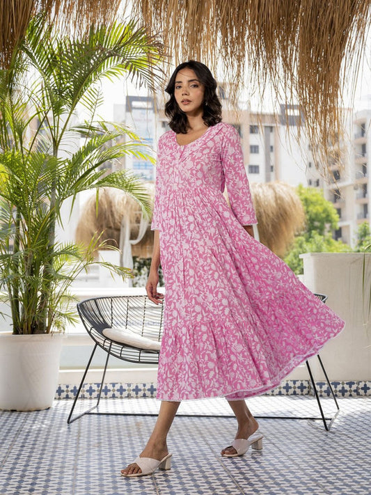 Pink & White Coloured Cotton with Beautiful Floral Print Round Neck Long Sleeves Women Designer Party/Casual wear A-Line Midi Dress!!