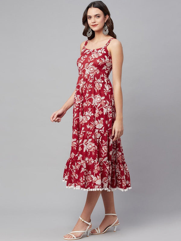 Red & White Coloured Pure Cotton with Floral Print Shoulder straps Sleeveless with Pom-Pom Women Designer Party/Casual wear Midi Dress!!