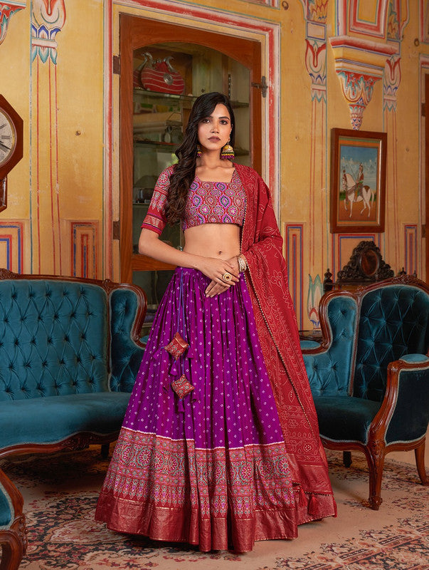 Purple & Maroon Coloured Dola Silk Bandhani & Ajarakh Print with Foil Work Woman Designer Party wear Lehenga choli & Dupatta!!