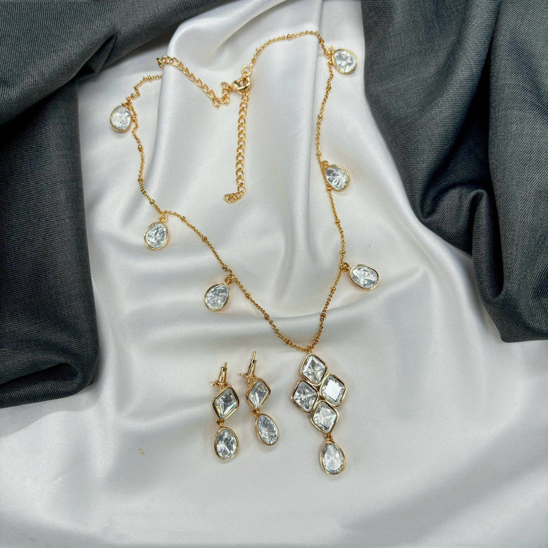 Gold & White Coloured Pure Brass Gold Plated with Real Moissanite 92.5 Carat Women Designer Chain with Pendent Set & Earrings!!