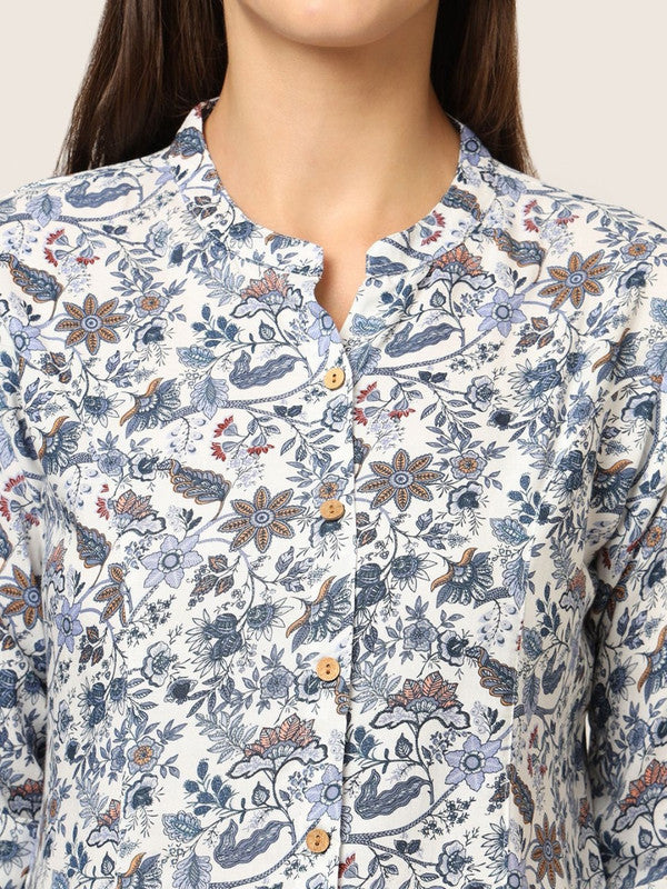 Blue & Multi Coloured Rayon with Floral print Mandarin collar Three-quarter sleeves Women Party/Daily wear Western Shirt Style Top!!