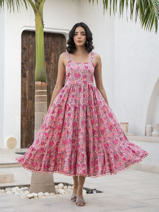 Pink Coloured Cotton with Floral Print & Pom-Pom, Shoulder Straps Sleeveless Women Designer Party/Casual wear Empire Maxi Dress!!