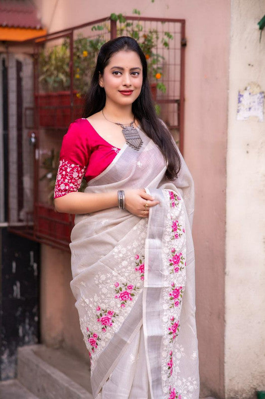 Light Grey Coloured Pure Linen Cotton with Silver Zari & White thread Multi Embroidery Chikankari Work Linen Saree with Phantom Silk Blouse!!