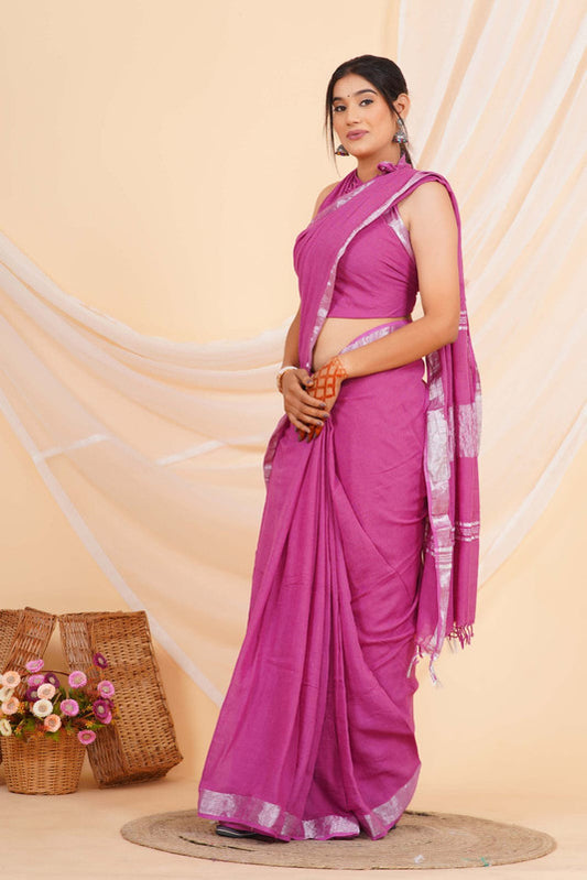 Rani Pink Coloured Linen Cotton with Print & Zari Border Women Party/Casual Wear Plain Linen Cotton Saree with Blouse!!