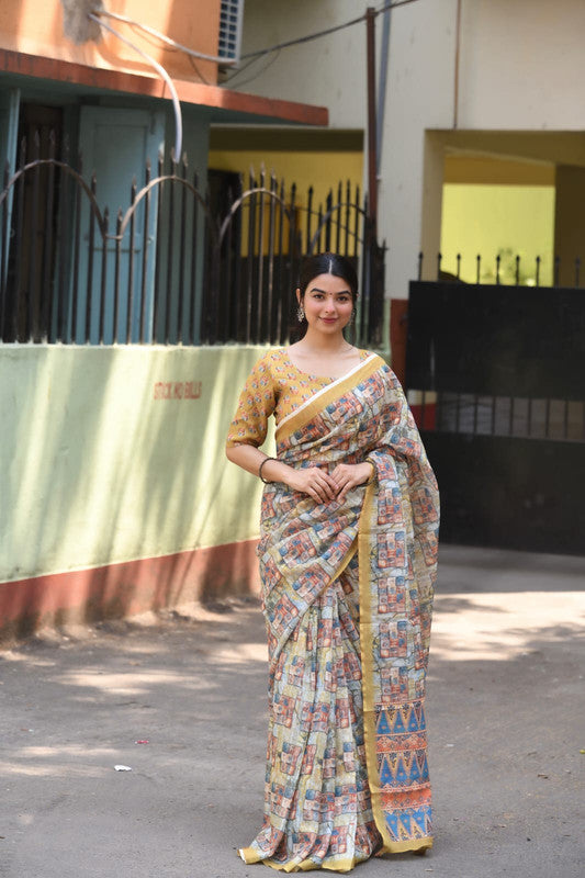 Beige & Multi Coloured Heavy Linen with Beautiful Digital Print Women Party/Casual wear Cotton Saree with Running Blouse!!