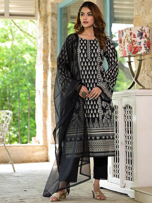 Black with Half White Coloured Pure Cotton with Ethnic Motifs Print Woman Party/Casual wear Designer Kurta with Trousers & Cotton Dupatta!!