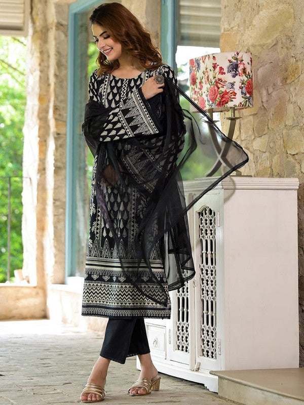 Black Coloured Pure Cotton with Ethnic Motifs printed Round neck Long Straight sleeves Women Designer Party/Casual wear Kurta Pants with Dupatta set!!