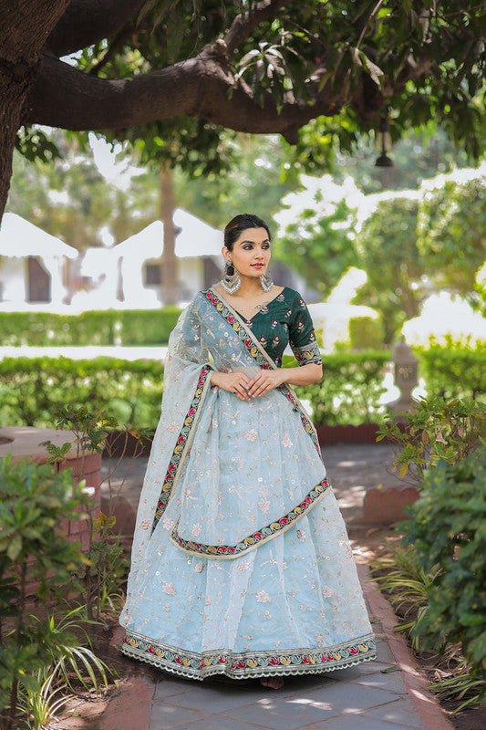 Sky Blue & Multi Coloured Organza Silk with Thread embroidery work & lace border Women Ethnic/Festival wear Lehenga Choli & Dupatta!!