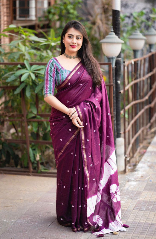 Wine & Grey Coloured Soft Pure Chanderi Cotton with Bandhej & Shibori Block Print Women Ethnic/Party wear Cotton Saree with Blouse!!