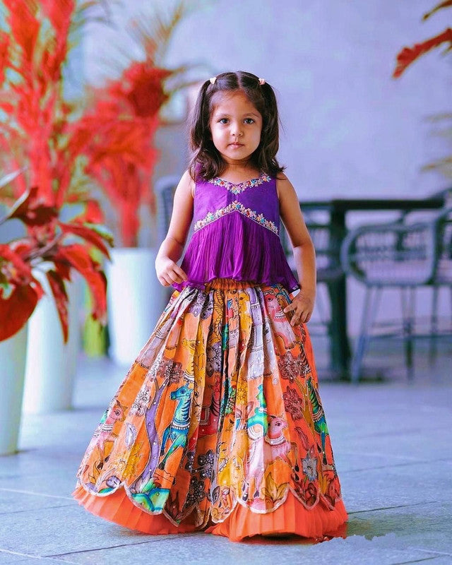 Purple with Orange & Multi Coloured Chinon Silk with Hevy Sequins Embroidered & Crush Work Girls Kids Festival Designer Ethnic Lahenga with Blouse!!