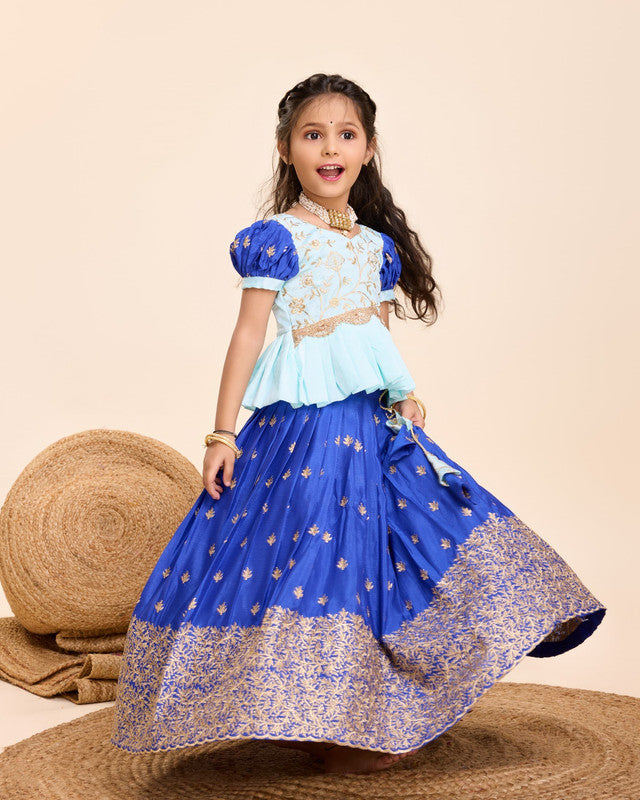 Dark Blue & Sky Blue Coloured Chinnon with Thread Embroidered & Thumar Lace & Frill Work Designer Girls Kids Designer Ethnic wear Lahenga with Blouse set!!