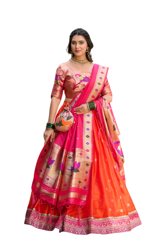 Orange with Dark Pink & Multi Coloured Jacquard Paithani Silk with Weaving Zari work Women Ethnic Festival/Bridal wear Lehenga Choli with Dupatta & Batwa!!