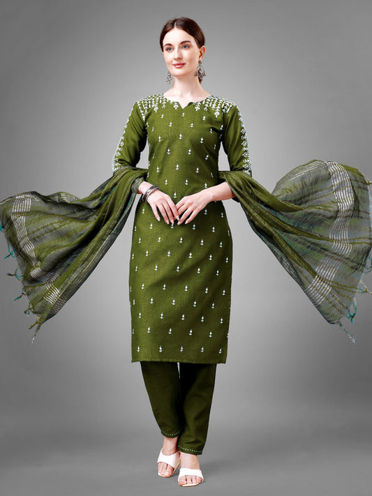 Mehendi Green Coloured Cotton Blend with Sequence Embroidery work Women Designer Party wear Kurta with Pant & Silk Blend Dupatta!!