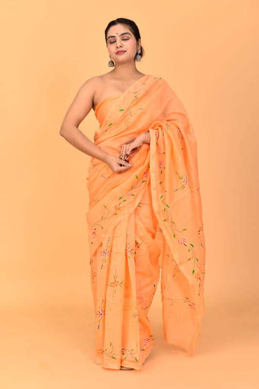 Orange & Multi Coloured Chanderi Cotton Silk with Hand Block Printed Women Party/Traditional Wear Chanderi Cotton Silk Saree with Blouse!!