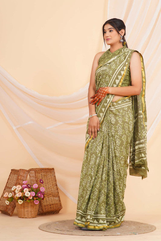 Mehendi Green with Half White Coloured Pure Cotton with Hand Block Printed Women Party/Casual/Office Wear Cotton Saree with Blouse!!