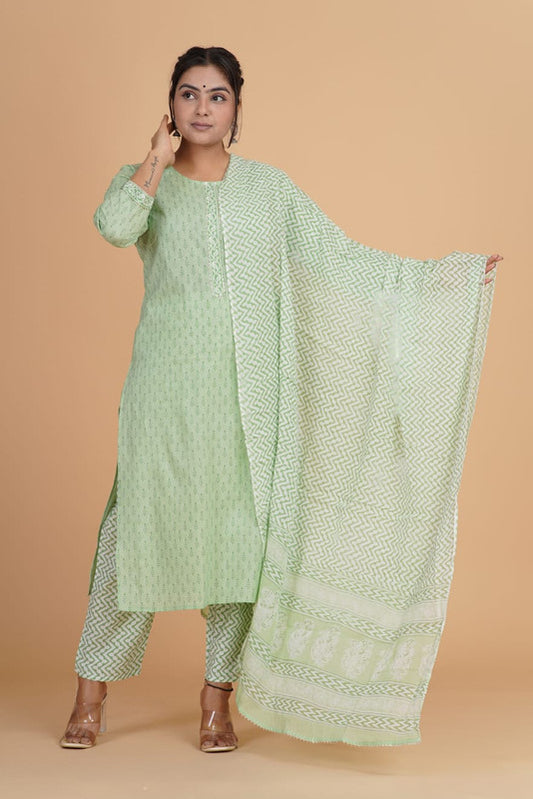 Pista Green with White Coloured Pure Cotton with Beautiful Hand Print Woman Party/Casual wear Designer Stitched Suit with Salwar & Dupatta!!