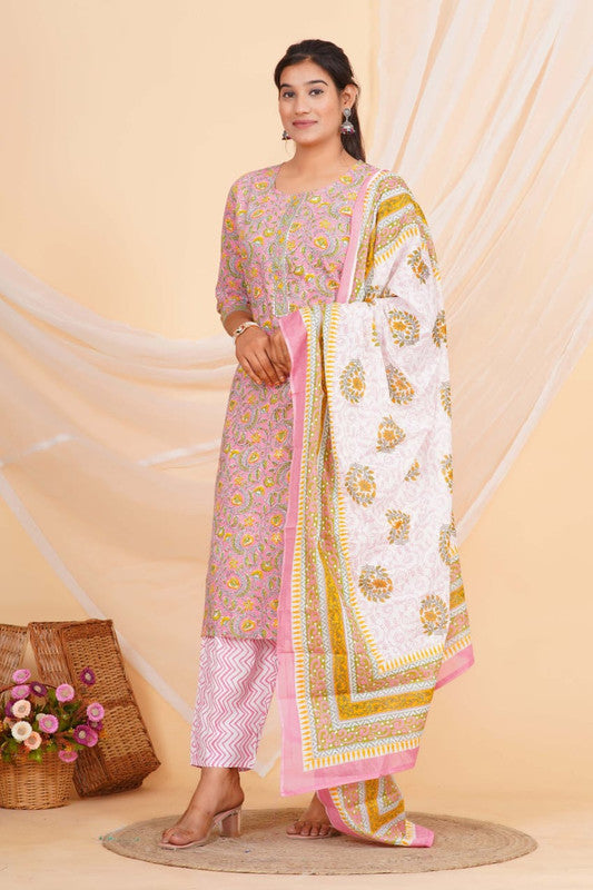 Light Pink & Multi Coloured Pure Cotton with Beautiful Hand Print Woman Party/Casual wear Designer Stitched Suit with Salwar & Mul Cotton Dupatta!!