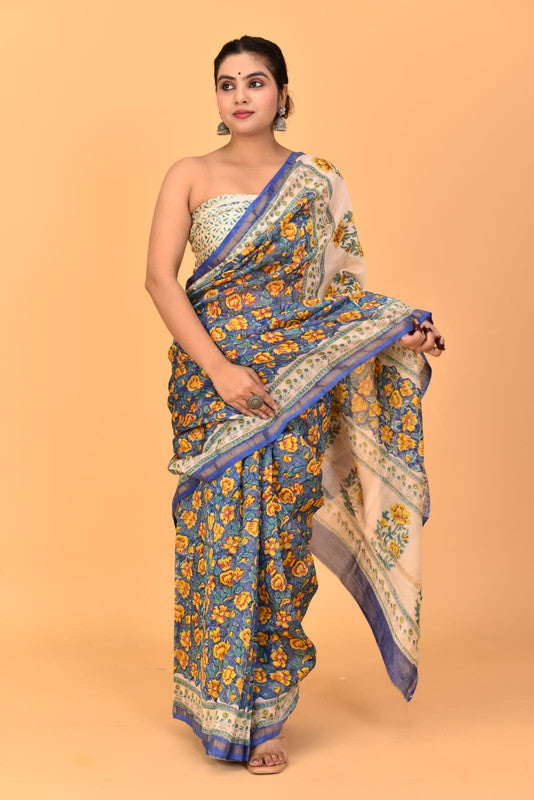 Blue & Multi Coloured Chanderi Cotton Silk with Hand Block Printed Women Party/Traditional Wear Chanderi Cotton Silk Saree with Blouse!!