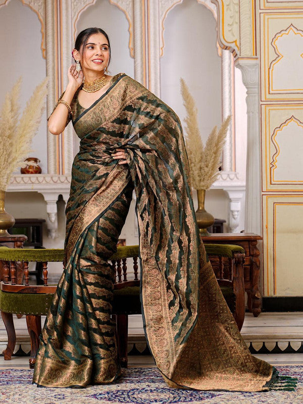 Bottle Green Coloured with Rich Pallu Dual Tone Tassels, Zari & Sequence Work Women Ethnic/Festival wear Organza Silk Saree with Brocade Blouse!!