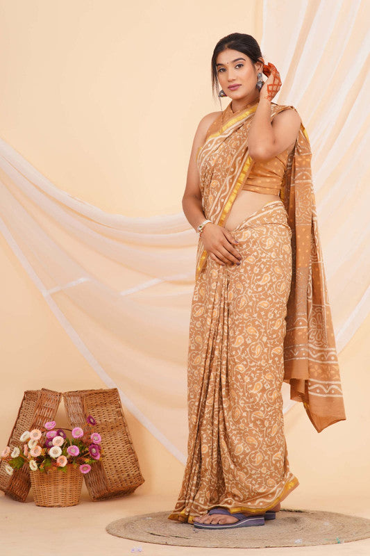 Brown with Half White Coloured Pure Cotton with Hand Block Printed Women Party/Casual/Office Wear Cotton Saree with Blouse!!