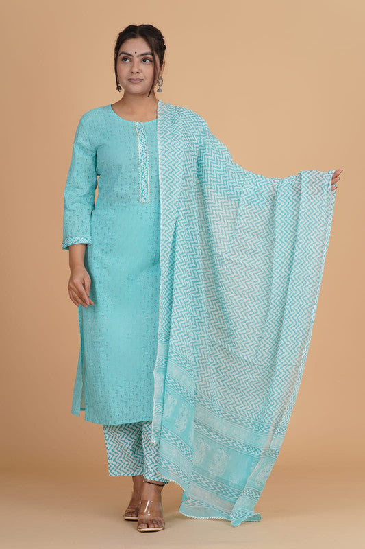 Blue with White Coloured Pure Cotton with Beautiful Hand Print Woman Party/Casual wear Designer Stitched Suit with Salwar & Dupatta!!