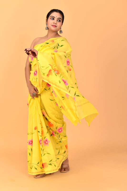 Yellow & Multi Coloured Chanderi Cotton Silk with Hand Block Printed Women Party/Traditional Wear Chanderi Cotton Silk Saree with Blouse!!