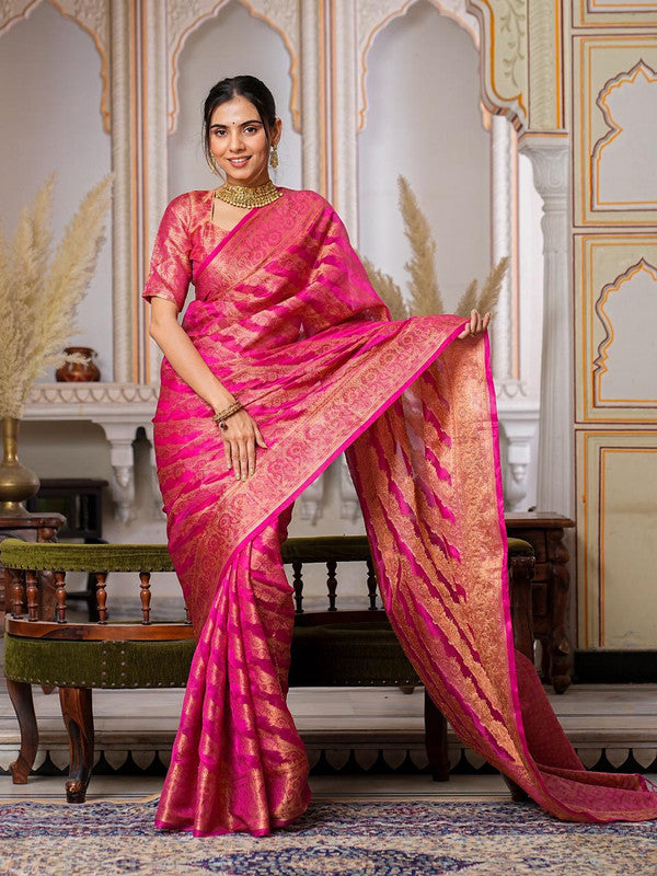 Dark Pink Coloured with Rich Pallu Dual Tone Tassels, Zari & Sequence Work Women Ethnic/Festival wear Organza Silk Saree with Brocade Blouse!!