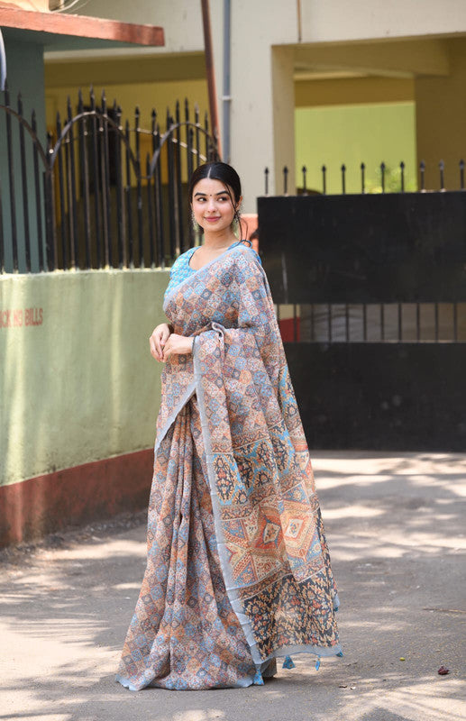 Orange & Multi Coloured Heavy Linen with Beautiful Digital Print Women Party/Casual wear Cotton Saree with Running Blouse!!