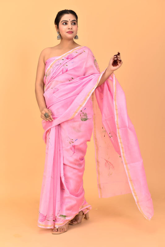 Light Pink & Multi Coloured Chanderi Cotton Silk with Hand Block Printed Women Party/Traditional Wear Chanderi Cotton Silk Saree with Blouse!!