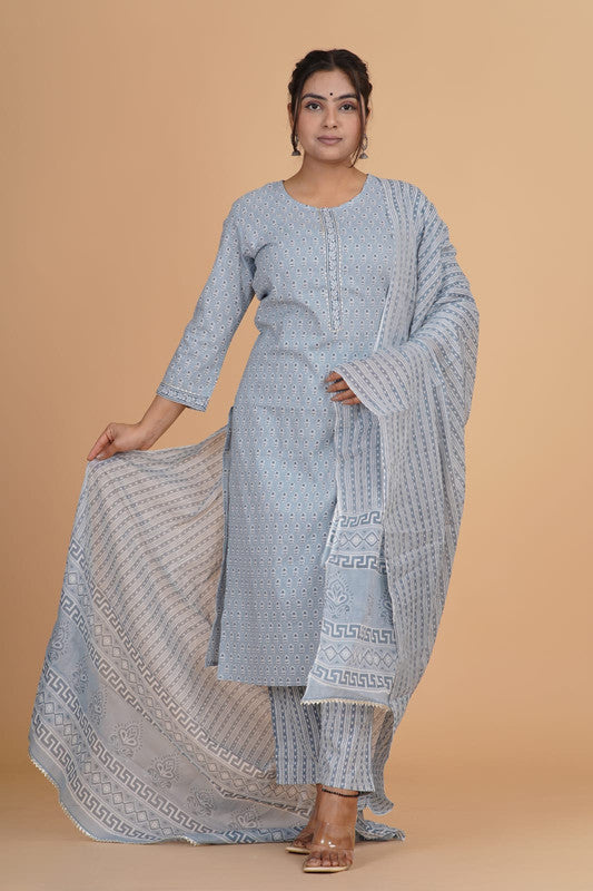 Grey with White Coloured Pure Cotton with Beautiful Hand Print Woman Party/Casual wear Designer Stitched Suit with Salwar & Dupatta!!