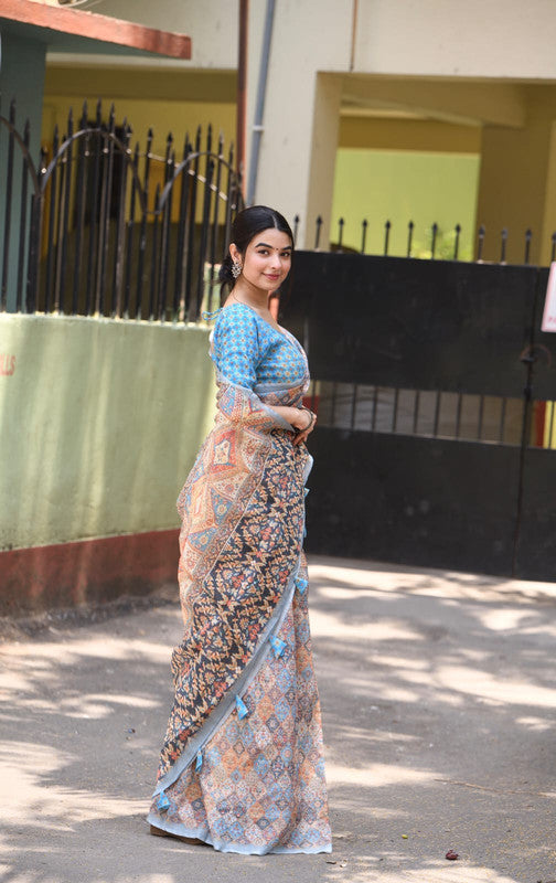 Orange & Multi Coloured Heavy Linen with Beautiful Digital Print Women Party/Casual wear Cotton Saree with Running Blouse!!