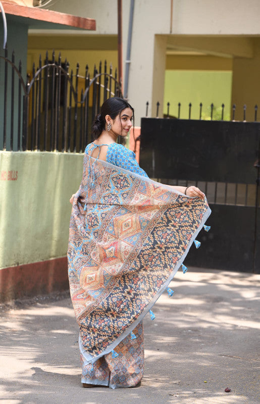 Orange & Multi Coloured Heavy Linen with Beautiful Digital Print Women Party/Casual wear Cotton Saree with Running Blouse!!