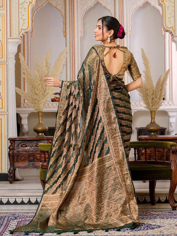 Bottle Green Coloured with Rich Pallu Dual Tone Tassels, Zari & Sequence Work Women Ethnic/Festival wear Organza Silk Saree with Brocade Blouse!!