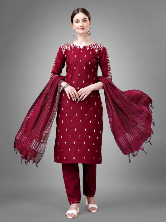 Maroon Coloured Cotton Blend with Sequence Embroidery work Women Designer Party wear Kurta with Pant & Silk Blend Dupatta!!