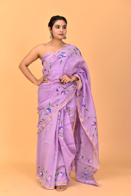 Light Purple & Multi Coloured Chanderi Cotton Silk with Hand Block Printed Women Party/Traditional Wear Chanderi Cotton Silk Saree with Blouse!!