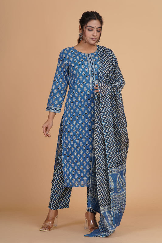 Blue with White Coloured Pure Cotton with Beautiful Hand Print Woman Party/Casual wear Designer Stitched Suit with Salwar & Dupatta!!