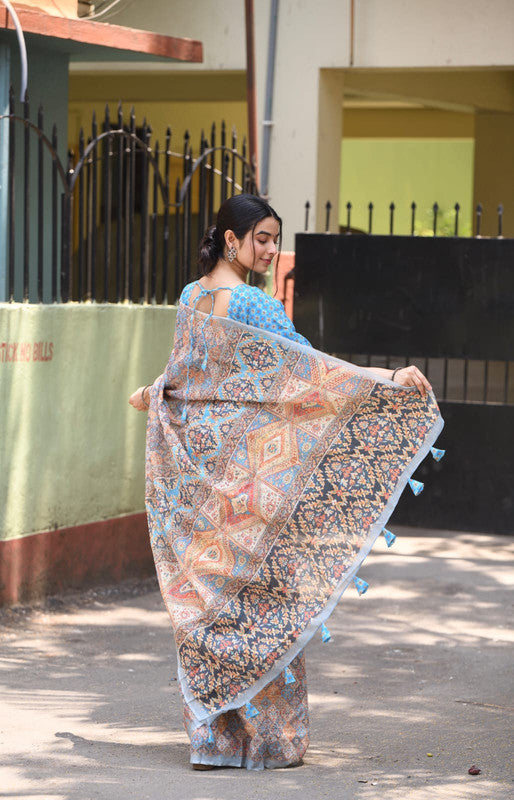 Orange & Multi Coloured Heavy Linen with Beautiful Digital Print Women Party/Casual wear Cotton Saree with Running Blouse!!