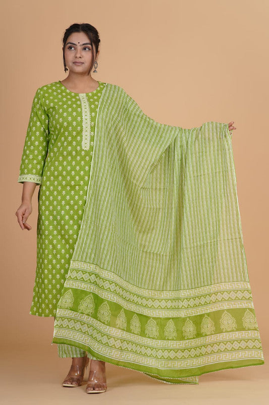 Parrot Green with White Coloured Pure Cotton with Beautiful Hand Print Woman Party/Casual wear Designer Stitched Suit with Salwar & Dupatta!!