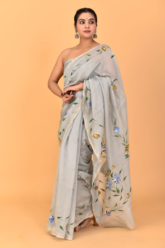 Light Grey & Multi Coloured Chanderi Cotton Silk with Hand Block Printed Women Party/Traditional Wear Chanderi Cotton Silk Saree with Blouse!!