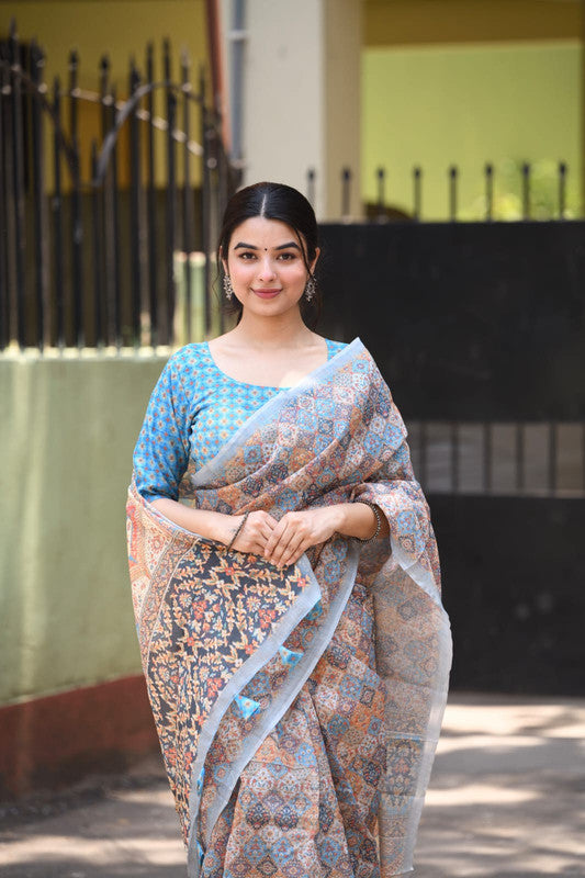 Orange & Multi Coloured Heavy Linen with Beautiful Digital Print Women Party/Casual wear Cotton Saree with Running Blouse!!