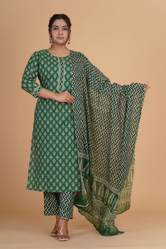 Bottle Green with White Coloured Pure Cotton with Beautiful Hand Print Woman Party/Casual wear Designer Stitched Suit with Salwar & Dupatta!!