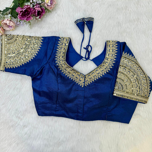 Blue Coloured Heavy Soft Milan Silk with Tricot Fuising, Embroidery, Thread & Sequence Woman Designer Partywear Ready made Blouse - 40 Size Fits Up to 42 Inch!!