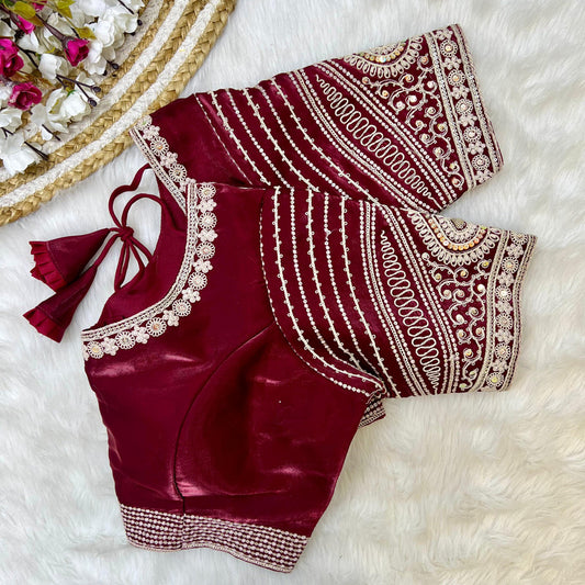 Maroon Coloured Soft Silky Zimichoo Fabric with Codding Embroidery & Sequence Work Woman Designer Partywear Ready made Blouse - 40 Size Fits Up to 42 Inch!!