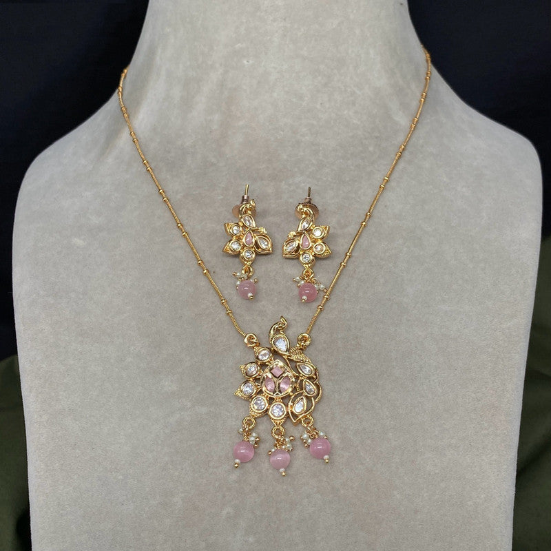 Gold & Light Pink Coloured Pure Brass and Copper Women Designer Gold Plated Pendent Necklace with Earrings Set!!