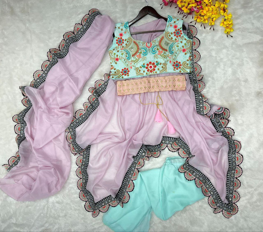 Pink & Sky Blue Coloured Organza Silk Embroidery Work Women Designer Party wear Indo Western Blouse with Sharara & Shrug!!