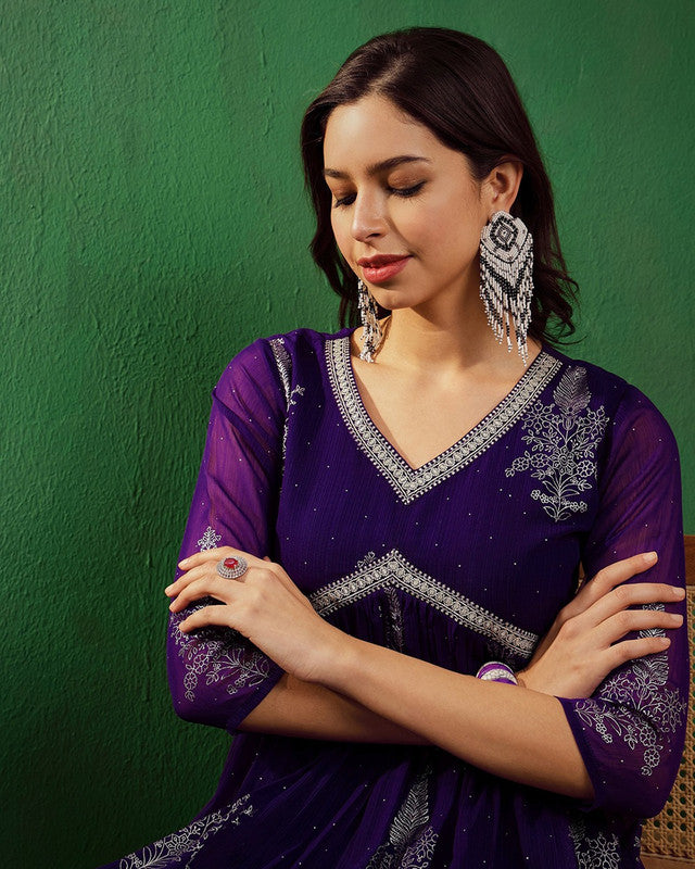 Purple Coloured Milky Georgette Zari Embroidered with Foil Printed Women Designer Party/Casual wear Alia Cut Kurta with Palazzo Set!!